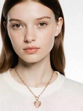 Sunburst Heart Pendant Paperclip Chain Necklace in Rose Gold Finish